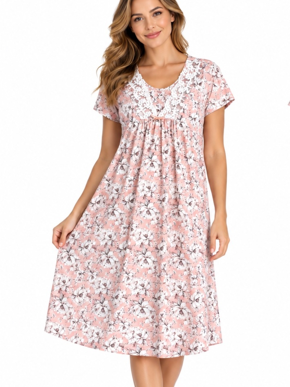 Elizabeth & Nicole L Pink White Floral Nightgown Pink Lace Trim Sleep Dress soft